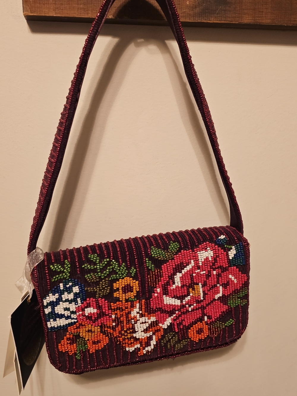 From India to You Beaded Floral Mini Crossbody Bag - Burgundy